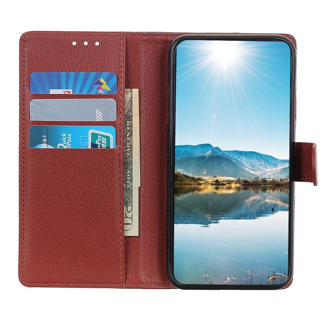OnePlus Nord N200 5G Handy Hülle - Litchi Leder Bookcover Series - braun