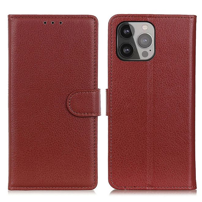 iPhone 13 Pro Max Phone Case - Litchi Leather Bookcover Series - Brown