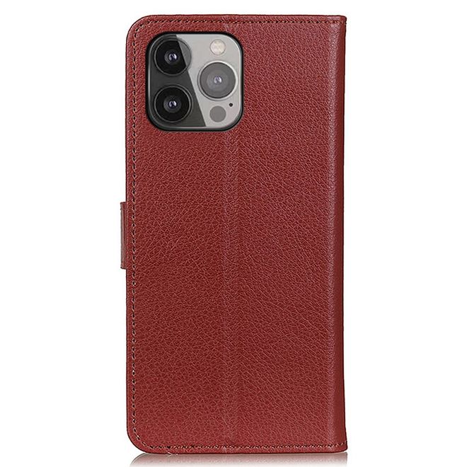 iPhone 13 Pro Max Phone Case - Litchi Leather Bookcover Series - Brown
