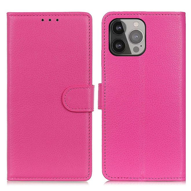 Étui pour iPhone 13 Pro Max - Collection Litchi Leather Bookcover - Rose