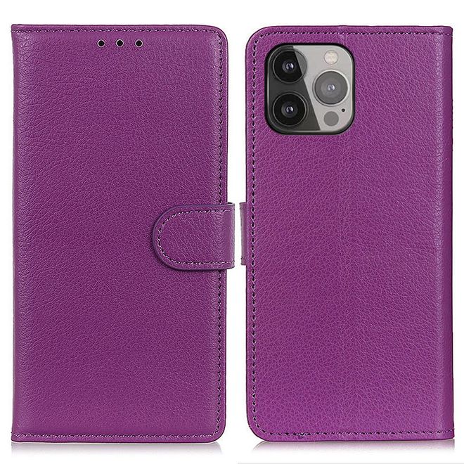 iPhone 13 Pro Max Phone Case - Litchi Leather Bookcover Series - Purple