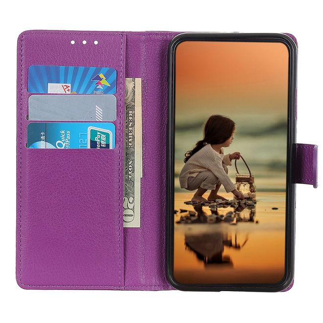 iPhone 13 Pro Max Phone Case - Litchi Leather Bookcover Series - Purple