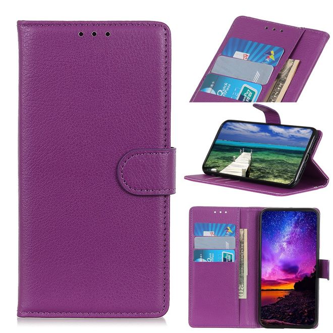 iPhone 13 Pro Max Phone Case - Litchi Leather Bookcover Series - Purple