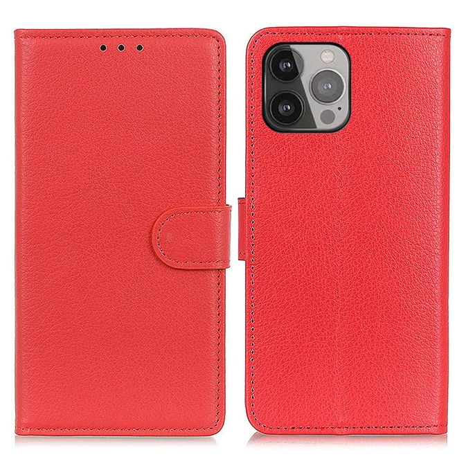 iPhone 13 Pro Max Phone Case - Litchi Leather Bookcover Series - Red