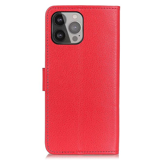 iPhone 13 Pro Max Phone Case - Litchi Leather Bookcover Series - Red