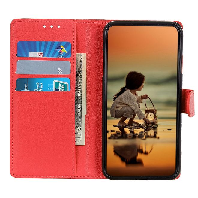 iPhone 13 Pro Max Phone Case - Litchi Leather Bookcover Series - Red