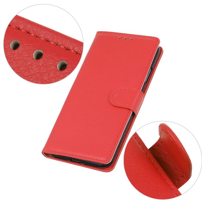 iPhone 13 Pro Max Phone Case - Litchi Leather Bookcover Series - Red