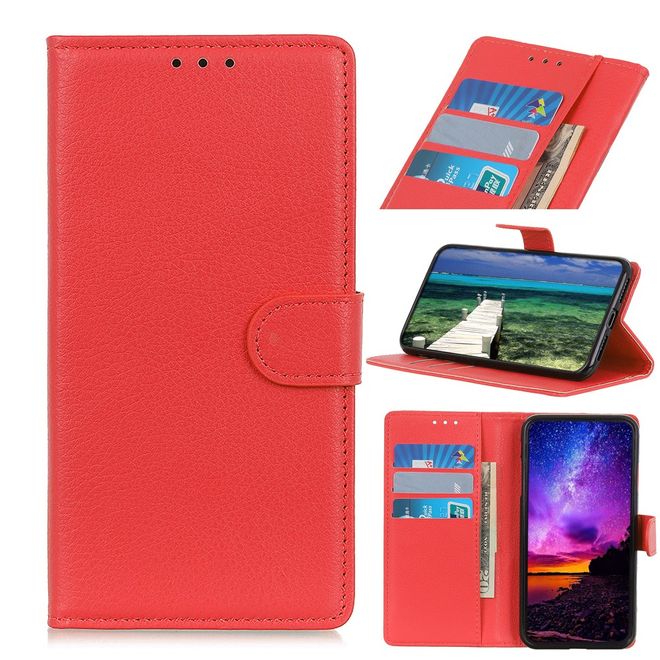 iPhone 13 Pro Max Phone Case - Litchi Leather Bookcover Series - Red
