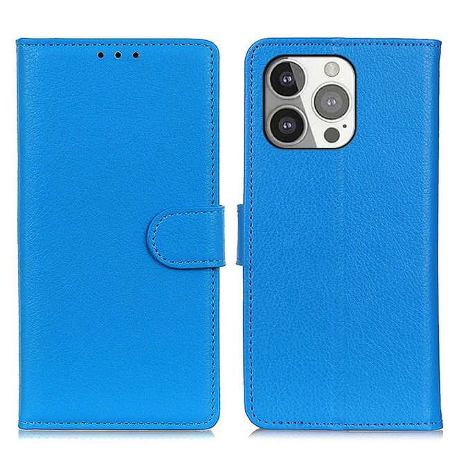 iPhone 13 Pro Handy Hülle - Litchi Leder Bookcover Series - blau