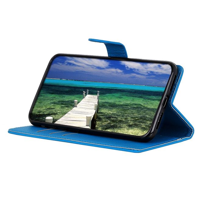iPhone 13 Pro Handy Hülle - Litchi Leder Bookcover Series - blau