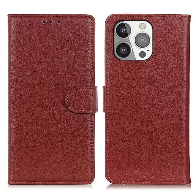 iPhone 13 Pro Handy Hülle - Litchi Leder Bookcover Series - braun