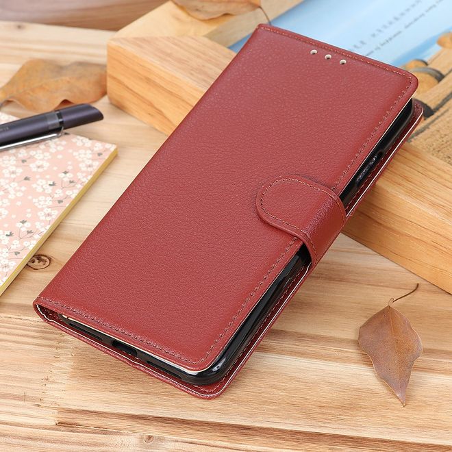 iPhone 13 Pro Handy Hülle - Litchi Leder Bookcover Series - braun