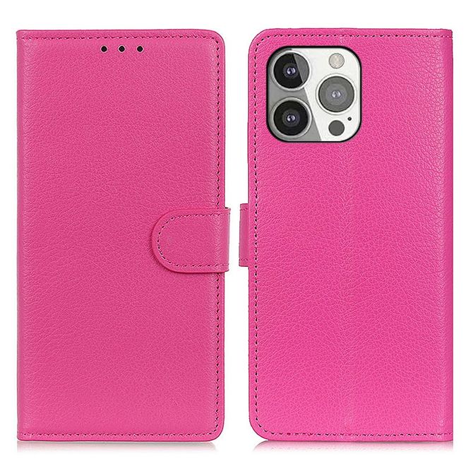 Étui pour iPhone 13 Pro - Collection Litchi Leather Bookcover - Rose