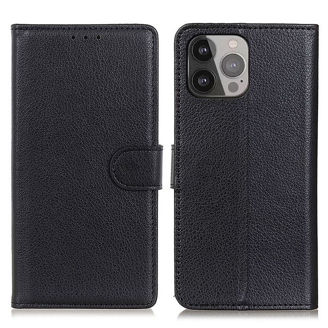 iPhone 13 Pro Max Handy Hülle - Litchi Leder Bookcover Series - schwarz