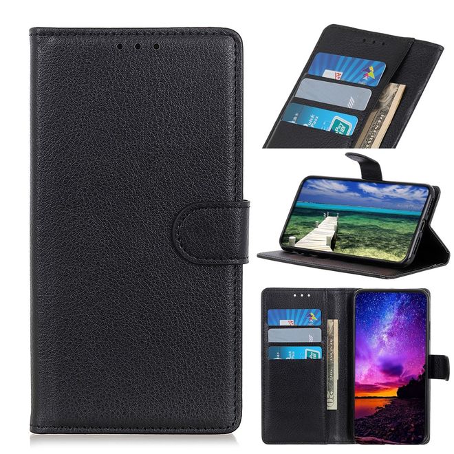 iPhone 13 Pro Max Handy Hülle - Litchi Leder Bookcover Series - schwarz