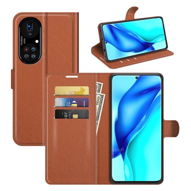 Huawei P50 Pro Handy Hülle - Litchi Leder Bookcover Series - braun