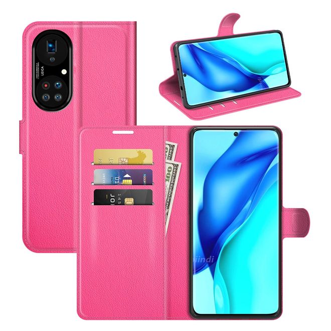 Huawei P50 Pro Handy Hülle - Litchi Leder Bookcover Series - rosa