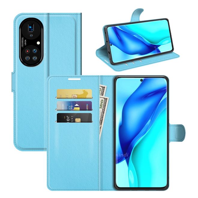 Huawei P50 Pro Handy Hülle - Litchi Leder Bookcover Series - blau