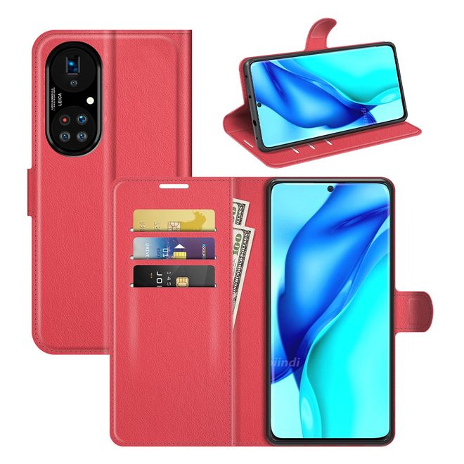 Huawei P50 Pro Handy Hülle - Litchi Leder Bookcover Series - rot