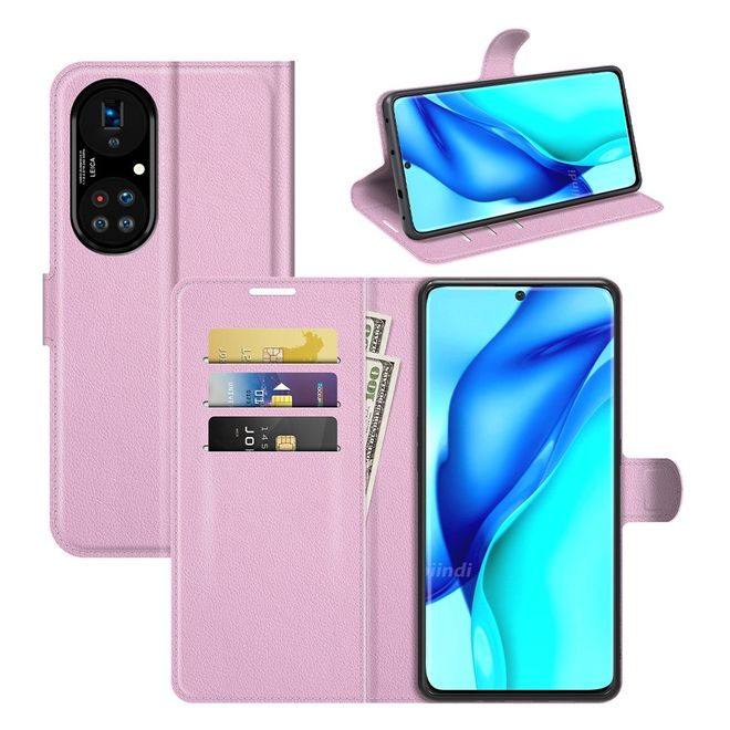 Huawei P50 Pro Handy Hülle - Litchi Leder Bookcover Series - pink