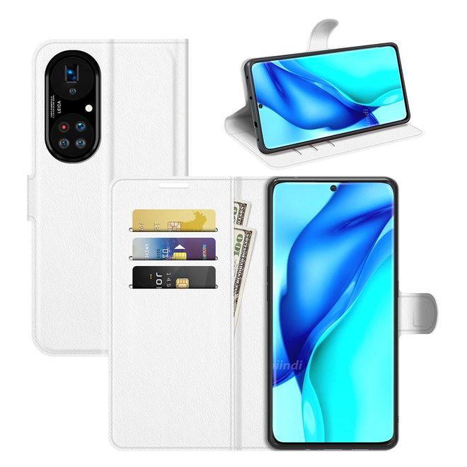 Huawei P50 Pro Handy Hülle - Litchi Leder Bookcover Series - weiss
