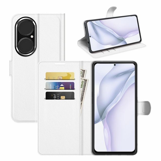Huawei P50 Handy Hülle - Litchi Leder Bookcover Series - weiss
