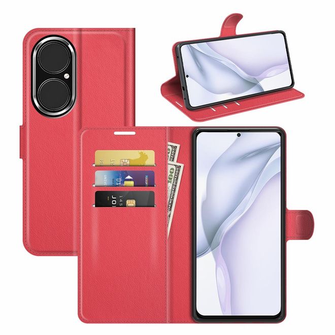 Huawei P50 Handy Hülle - Litchi Leder Bookcover Series - rot