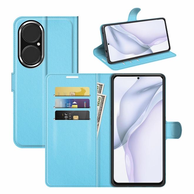 Huawei P50 Handy Hülle - Litchi Leder Bookcover Series - blau