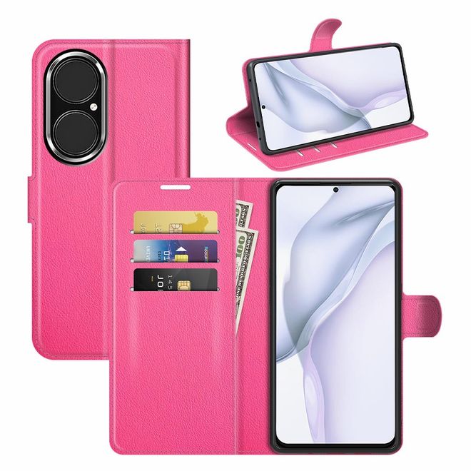Huawei P50 Handy Hülle - Litchi Leder Bookcover Series - rosa