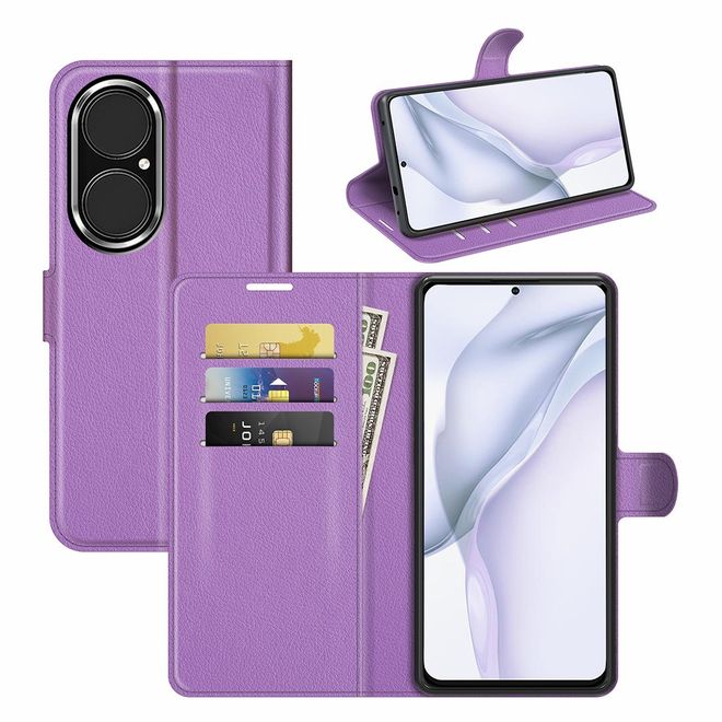 Huawei P50 Handy Hülle - Litchi Leder Bookcover Series - purpur
