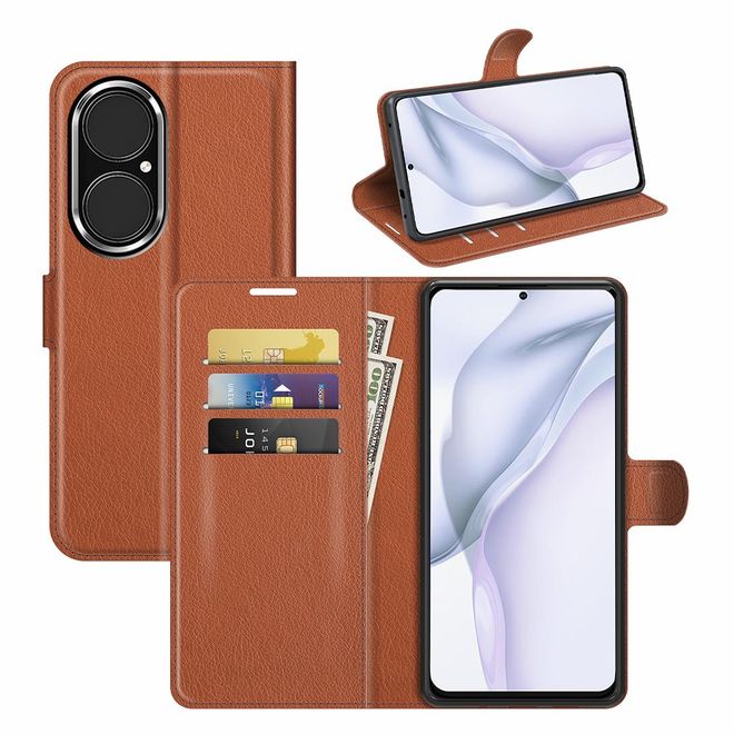 Huawei P50 Handy Hülle - Litchi Leder Bookcover Series - braun