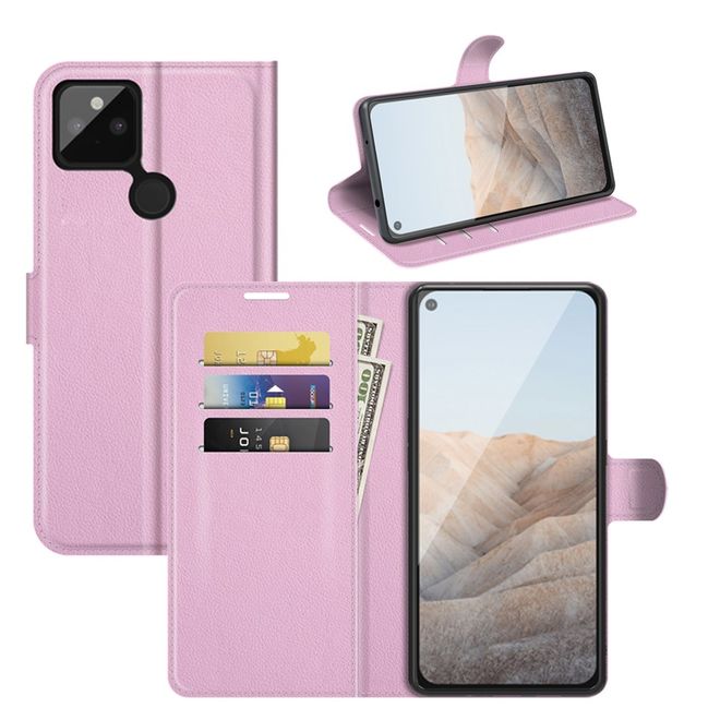 Google Pixel 5a Handy Hülle - Litchi Leder Bookcover Series - pink