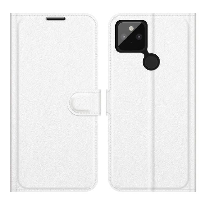 Google Pixel 5a Handy Hülle - Litchi Leder Bookcover Series - weiss