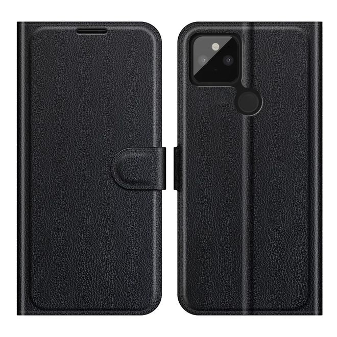 Google Pixel 5a Handy Hülle - Litchi Leder Bookcover Series - schwarz