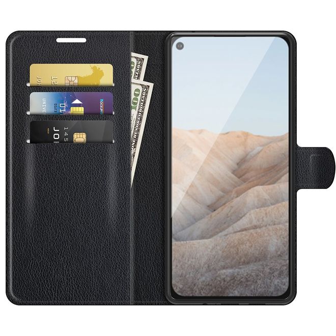 Google Pixel 5a Handy Hülle - Litchi Leder Bookcover Series - schwarz