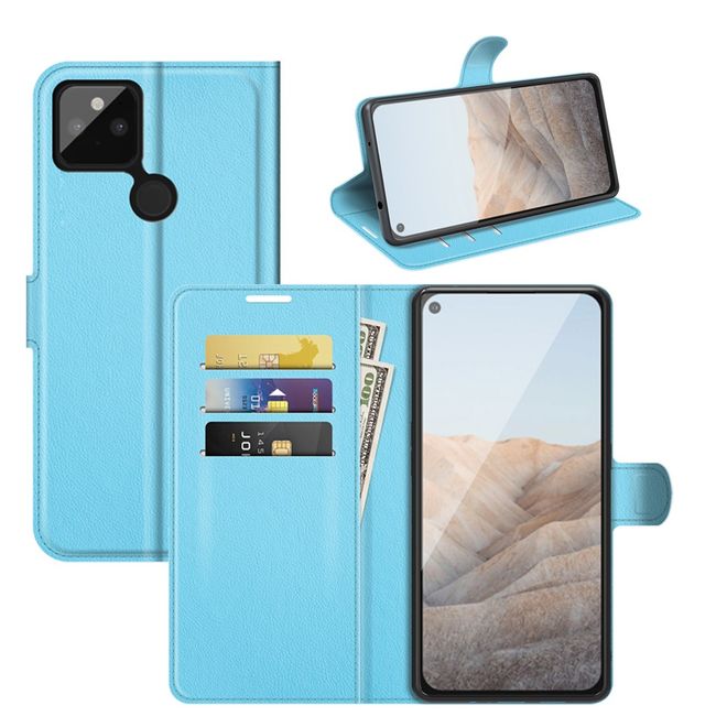 Google Pixel 5a Handy Hülle - Litchi Leder Bookcover Series - blau