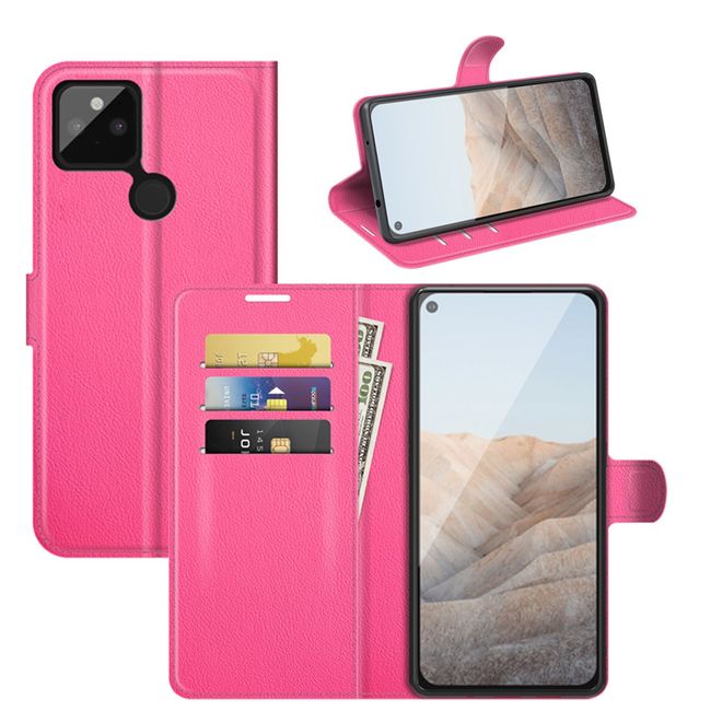 Google Pixel 5a Handy Hülle - Litchi Leder Bookcover Series - rosa