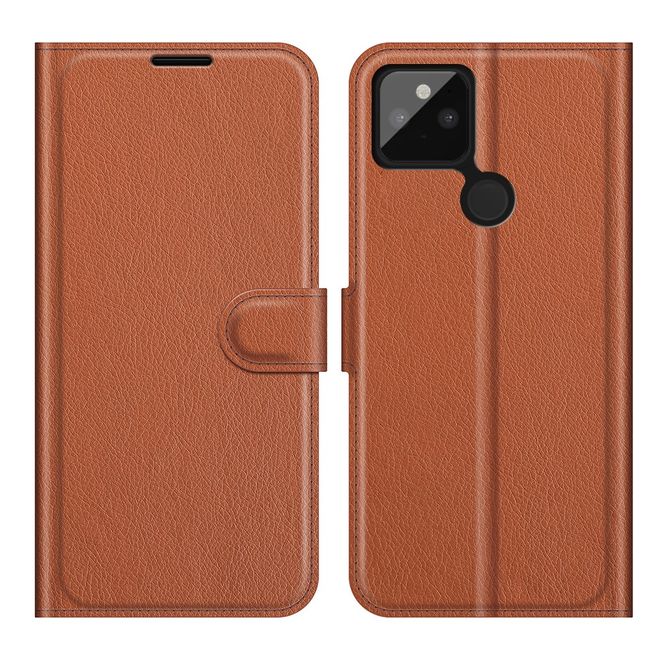Google Pixel 5a Handy Hülle - Litchi Leder Bookcover Series - braun