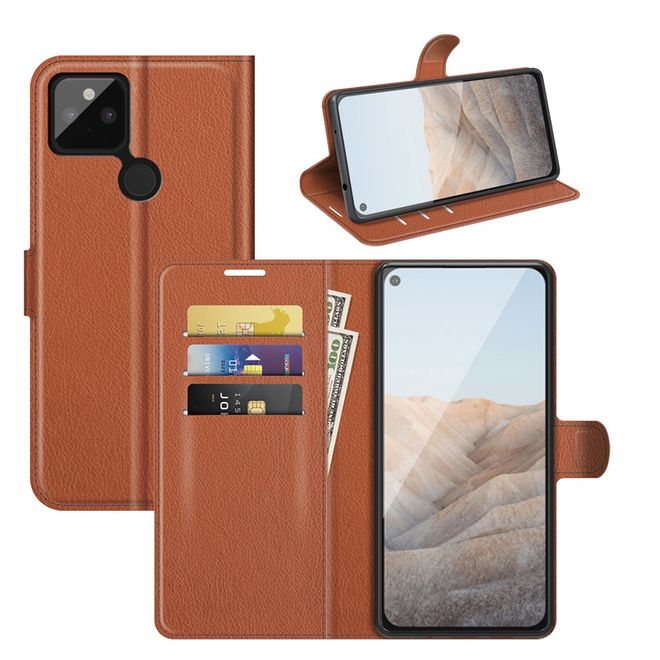 Google Pixel 5a Handy Hülle - Litchi Leder Bookcover Series - braun
