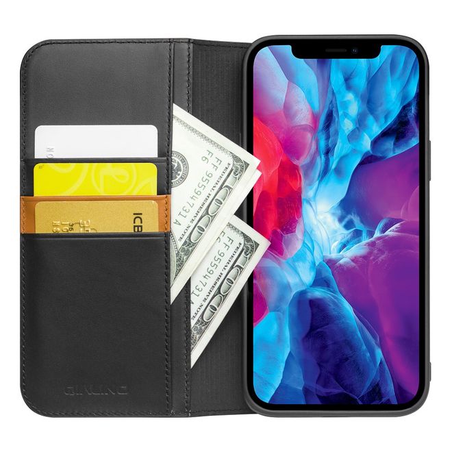 Qialino - iPhone 13 Pro Max Hülle - modisches Echtleder Bookcover - schwarz