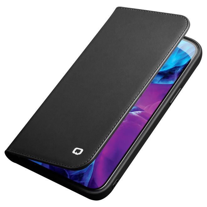 Qialino - iPhone 13 Pro Max Hülle - modisches Echtleder Bookcover - schwarz