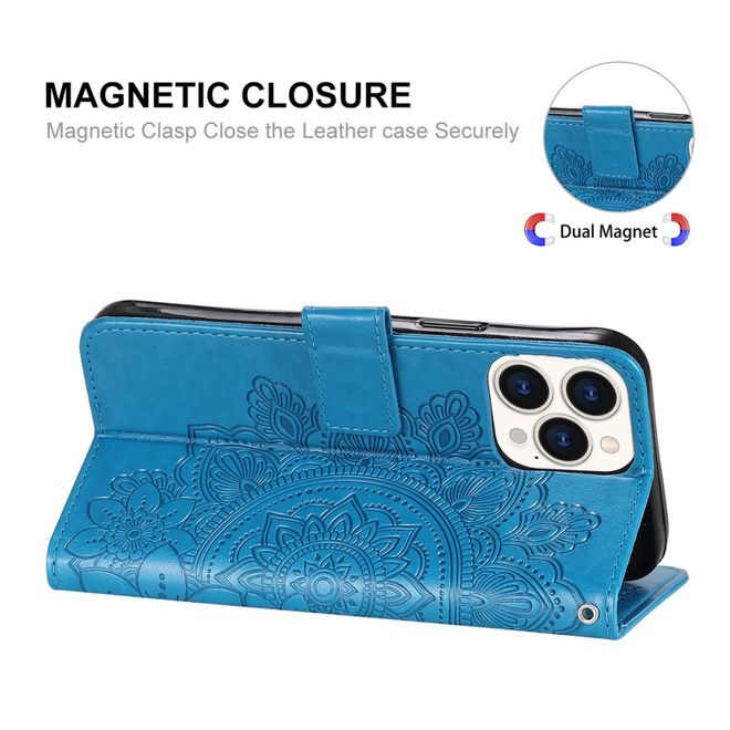 Hat Prince - iPhone 13 Pro Max Hülle - Leder Bookcover - mit Blumenmuster - blau