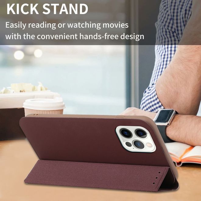 iPhone 13 Pro Case - Tri-fold Leather Book Cover - Brown