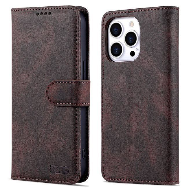 AZNS - iPhone 13 Pro Max Hülle - Retro Leder Bookcover - braun
