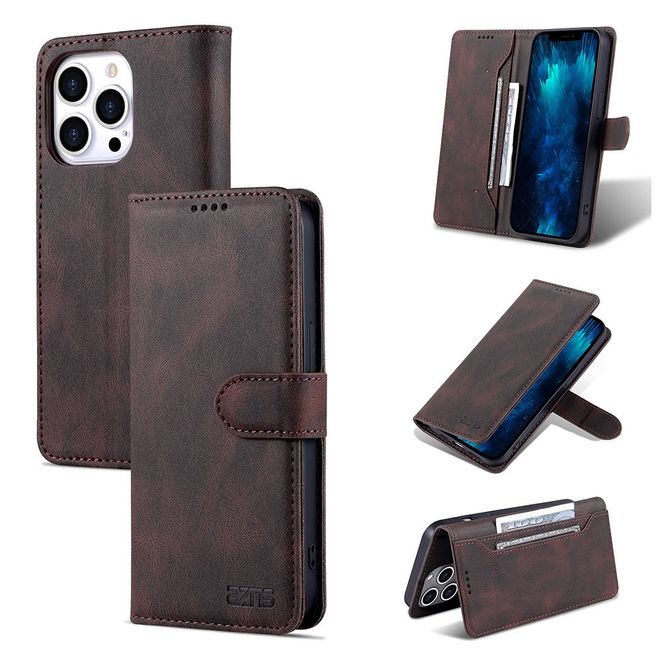 AZNS - iPhone 13 Pro Max Hülle - Retro Leder Bookcover - braun