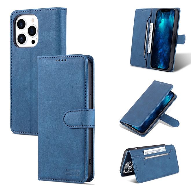 AZNS - iPhone 13 Pro Max Hülle - Retro Leder Bookcover - blau