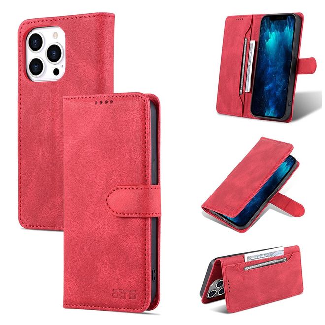 AZNS - iPhone 13 Pro Max Hülle - Retro Leder Bookcover - rot
