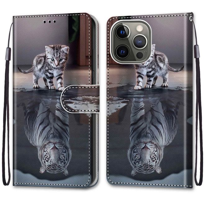 iPhone 13 Pro Handy Hülle - Leder Bookcover Image Series - Katze und Tiger