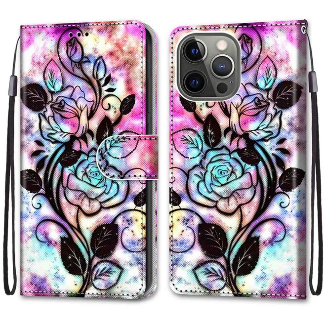 Étui pour iPhone 13 Pro - Collection Couverture Livre en Cuir - Fleur Noire