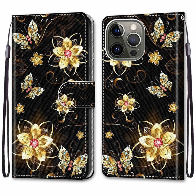 iPhone 13 Pro Handy Hülle - Leder Bookcover Image Series - goldene Blumen